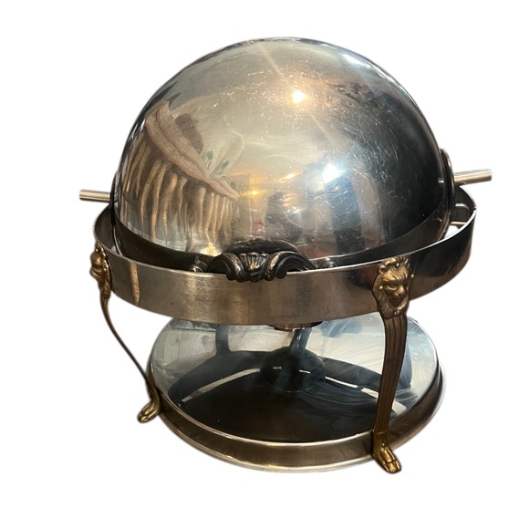 Vintage Silver Plated Steel Lion Head Round Chafer Chafing Dish Brass Legs - Picture 2 of 8